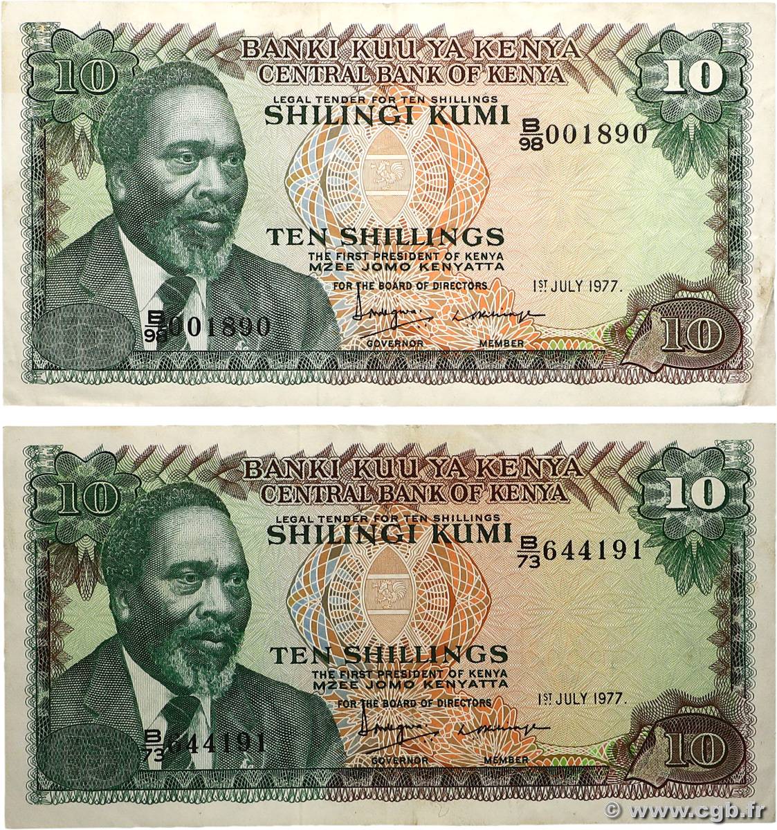 10 Shillings Lot KENYA  1977 P.12c TTB+
