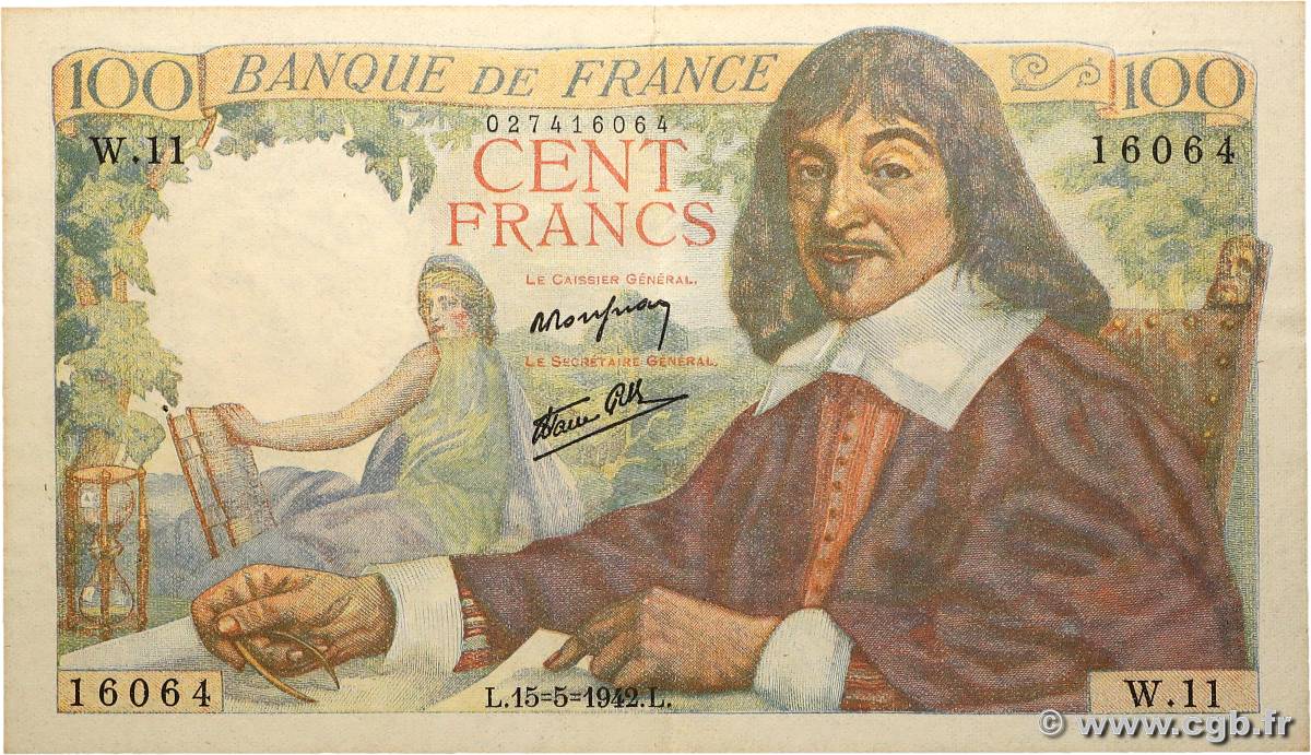 100 Francs DESCARTES FRANCE  1942 F.27.01 pr.SUP