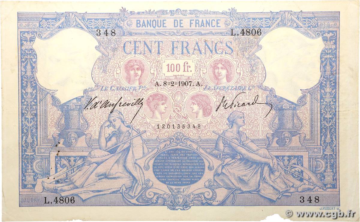 100 Francs BLEU ET ROSE FRANCIA  1907 F.21.21 BC+