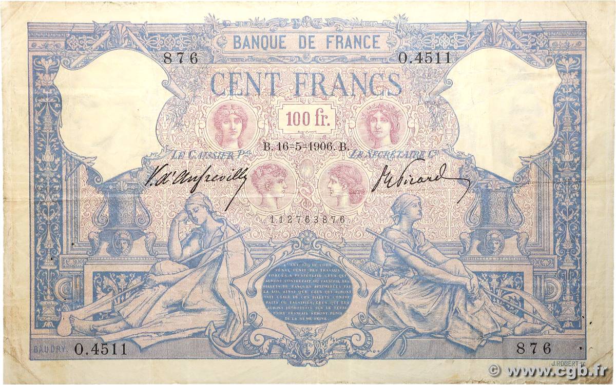 100 Francs BLEU ET ROSE FRANCIA  1906 F.21.20 BC
