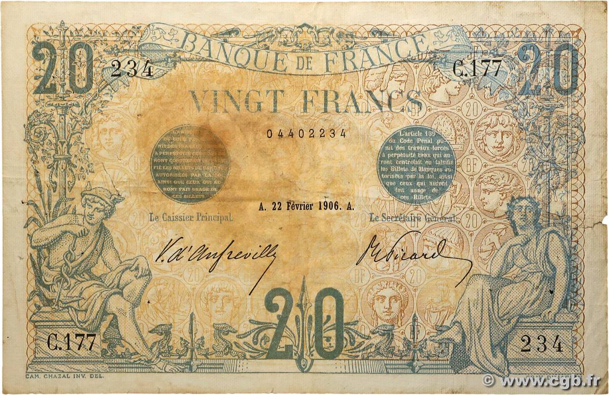 20 Francs BLEU FRANCE  1906 F.10.01 TB