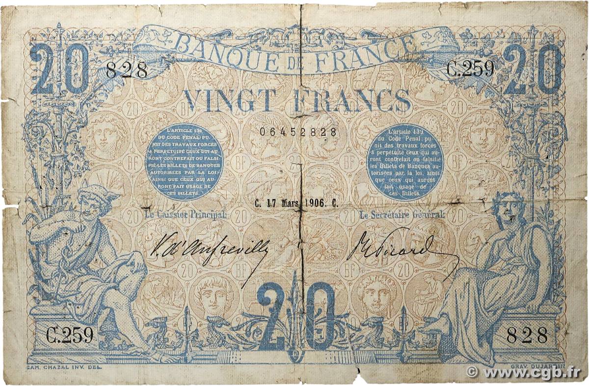 20 Francs BLEU FRANCE  1906 F.10.01 pr.B
