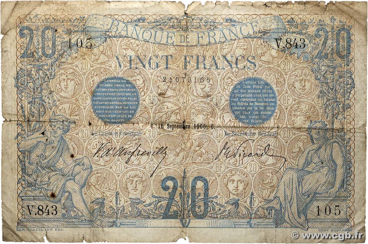 20 Francs BLEU FRANCE  1906 F.10.01 pr.B