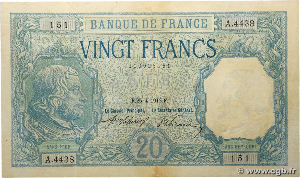 20 Francs BAYARD FRANCIA  1918 F.11.03a BC+