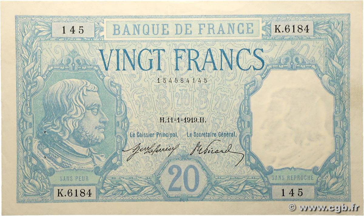 20 Francs BAYARD FRANCE  1919 F.11.04 SUP