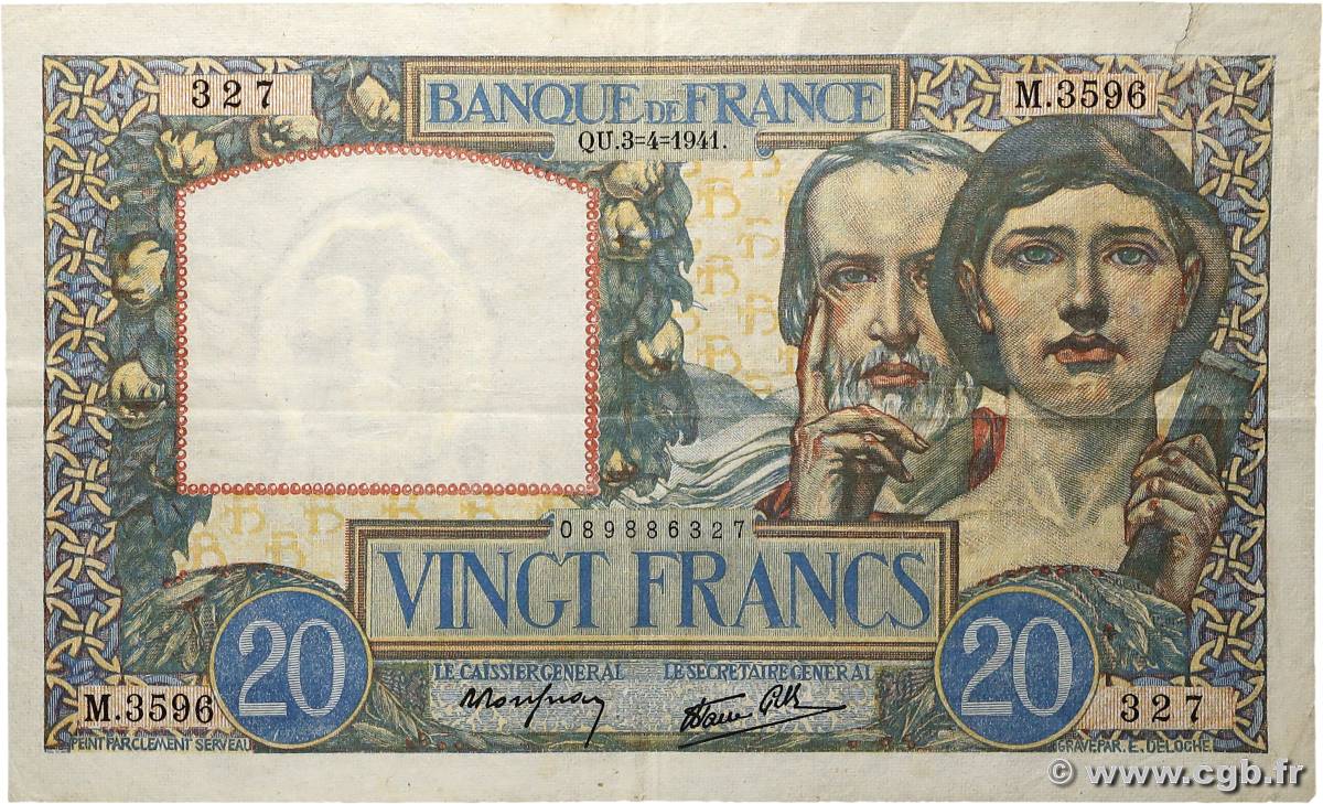 20 Francs TRAVAIL ET SCIENCE FRANCE  1941 F.12.13 TTB