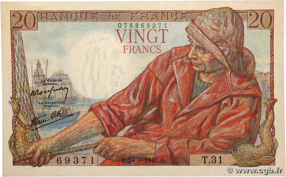 20 Francs PÊCHEUR FRANCIA  1942 F.13.03 SC+