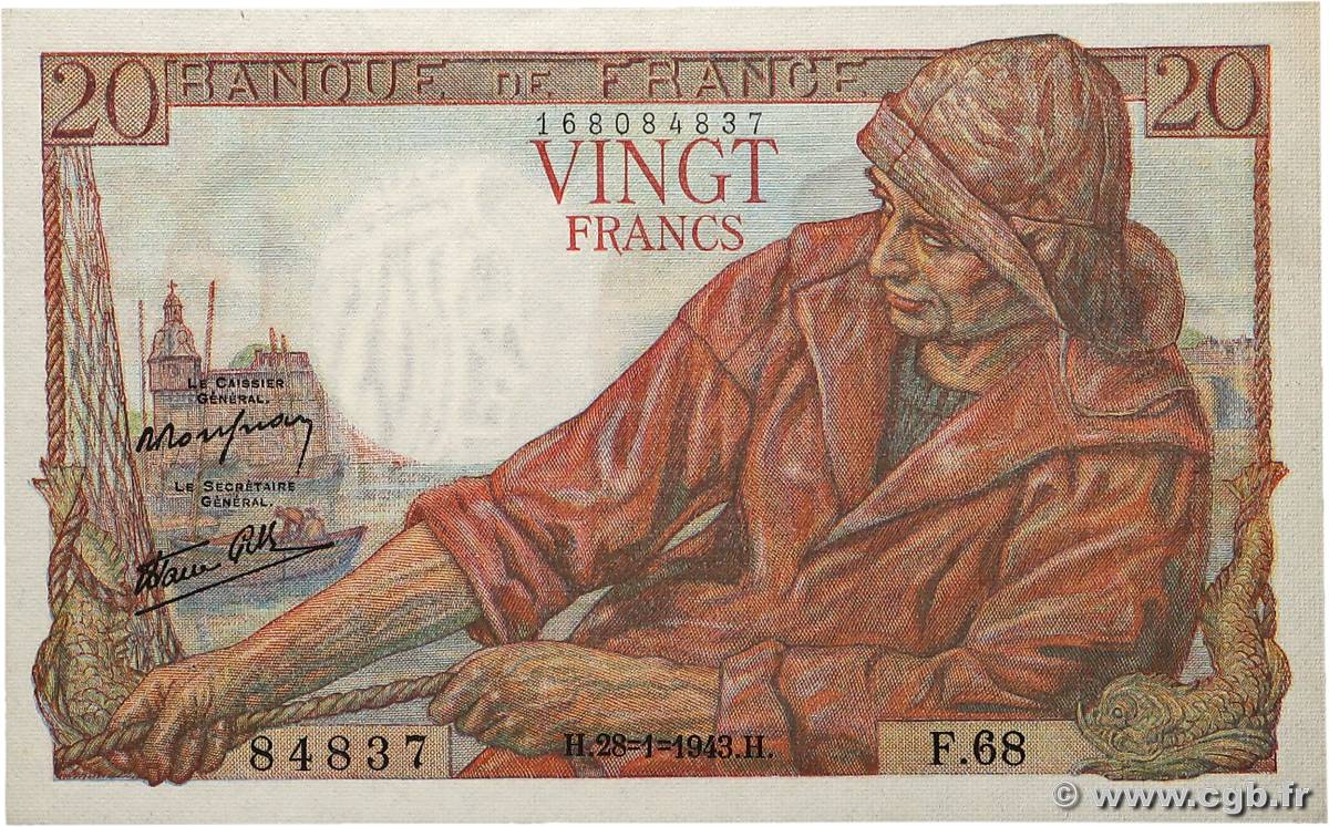 20 Francs PÊCHEUR FRANCE  1943 F.13.05 SUP+