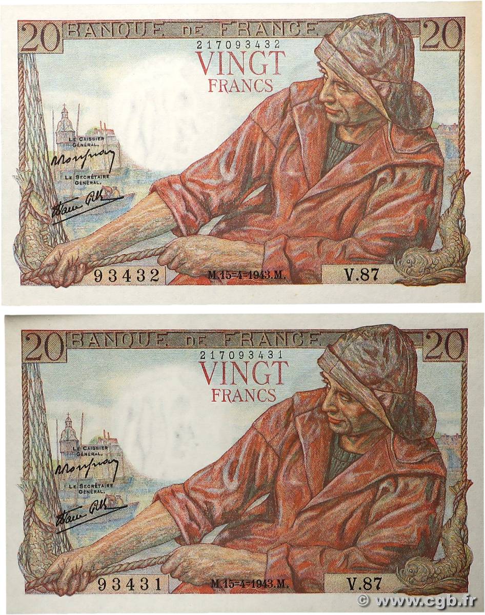 20 Francs PÊCHEUR Consécutifs FRANCE  1943 F.13.06 SPL