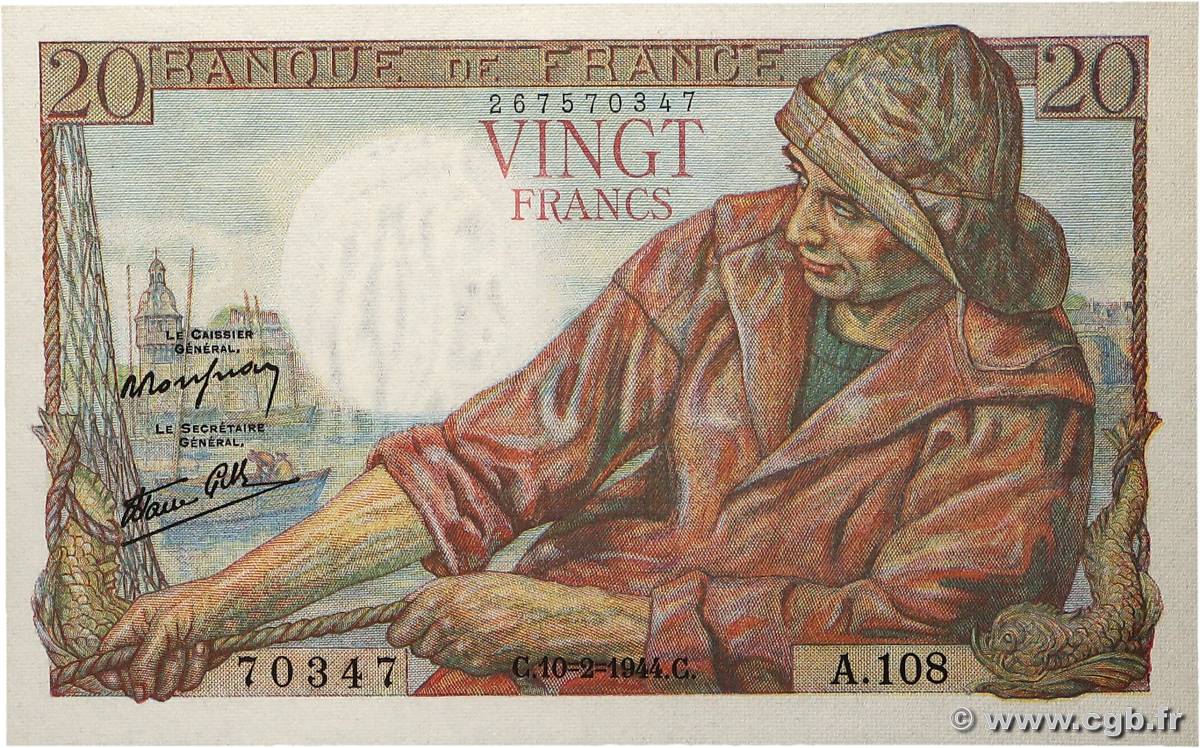 20 Francs PÊCHEUR FRANCE  1944 F.13.08 UNC
