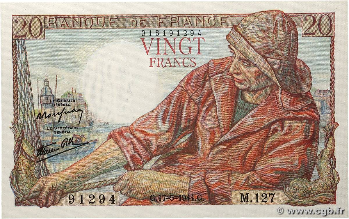 20 Francs PÊCHEUR FRANCE  1944 F.13.09 NEUF
