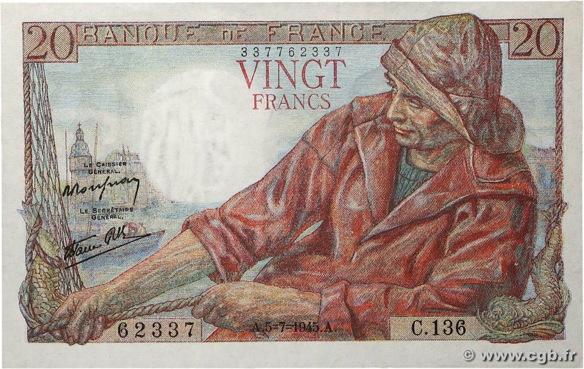 20 Francs PÊCHEUR FRANCE  1945 F.13.10 SPL+