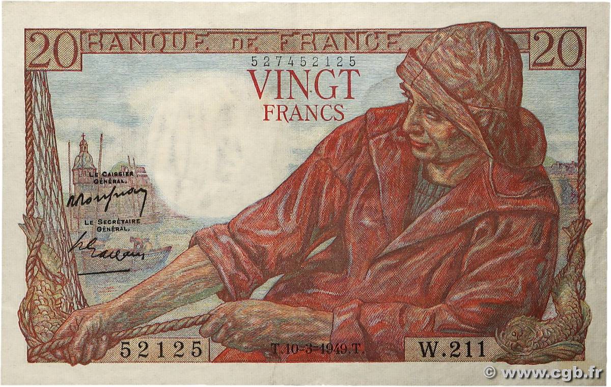 20 Francs PÊCHEUR Numéro radar FRANCE  1949 F.13.14 TTB+