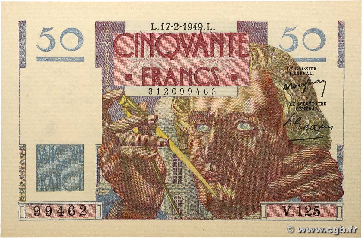 50 Francs LE VERRIER FRANCIA  1949 F.20.11 SC+