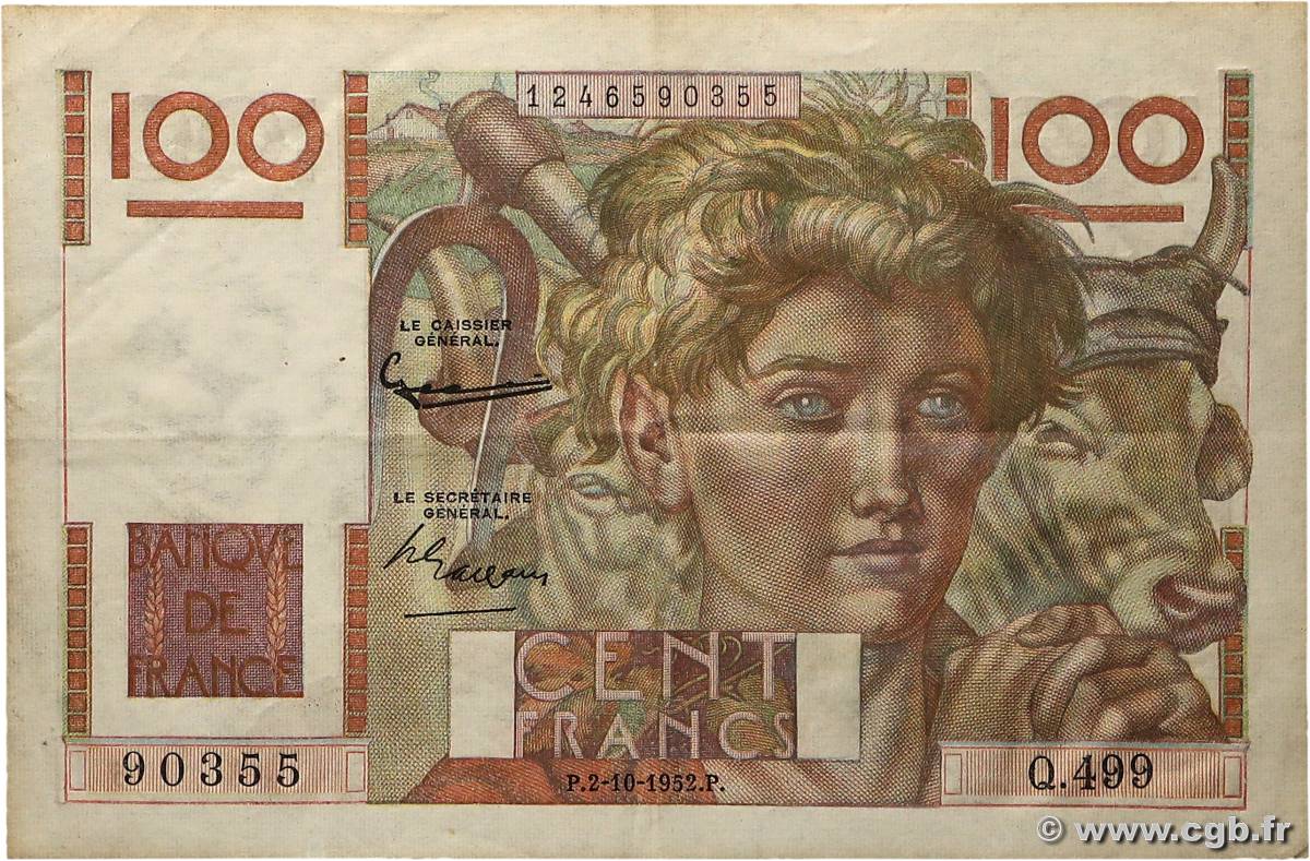 100 Francs JEUNE PAYSAN filigrane inversé FRANCE  1952 F.28bis.01 TTB