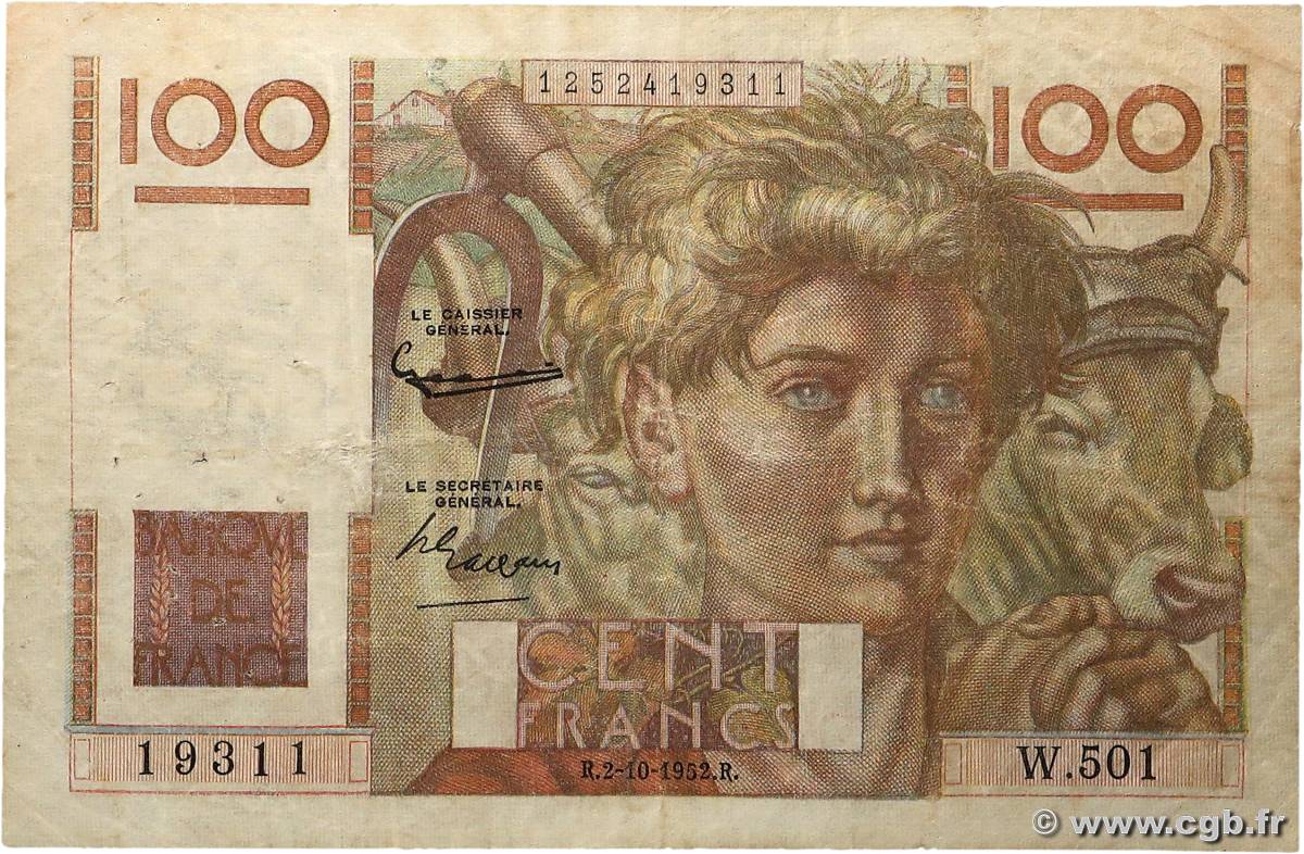 100 Francs JEUNE PAYSAN filigrane inversé FRANCE  1952 F.28bis.01 TB