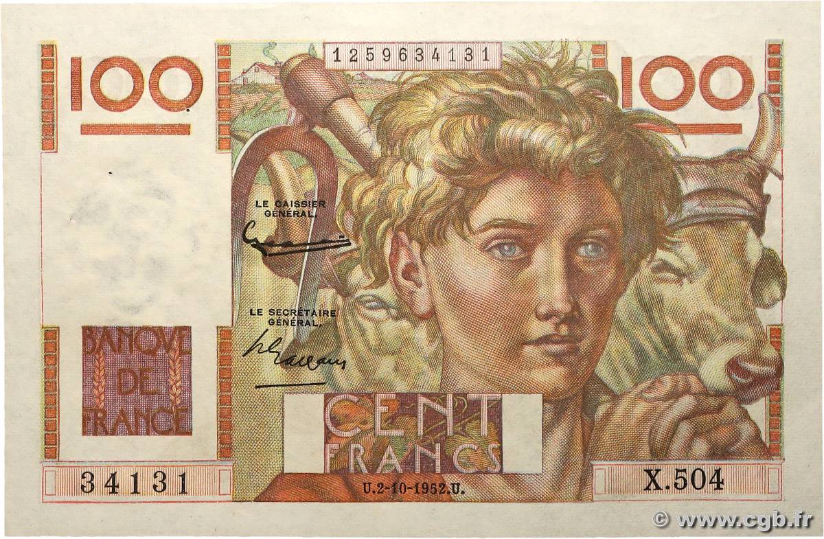 100 Francs JEUNE PAYSAN filigrane inversé FRANCIA  1952 F.28bis.01 EBC+