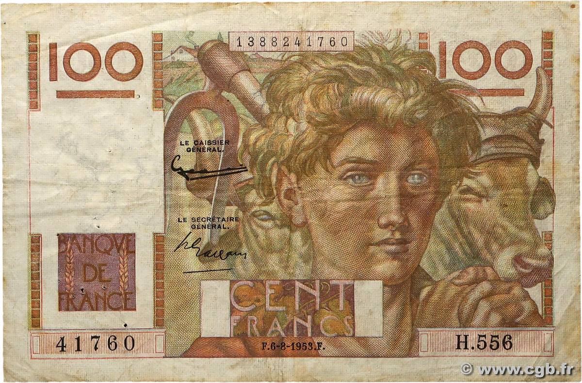 100 Francs JEUNE PAYSAN filigrane inversé FRANCE  1952 F.28bis.02 TB