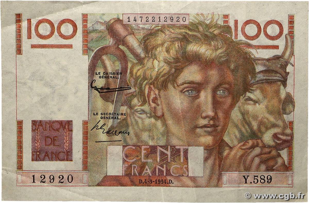 100 Francs JEUNE PAYSAN filigrane inversé FRANCE  1954 F.28bis.05 TTB