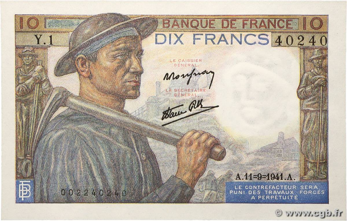 10 Francs MINEUR FRANCE  1941 F.08.01 pr.NEUF
