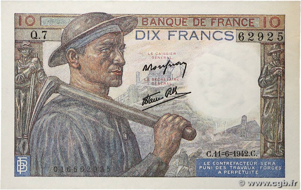 10 Francs MINEUR FRANCE  1942 F.08.03 SPL