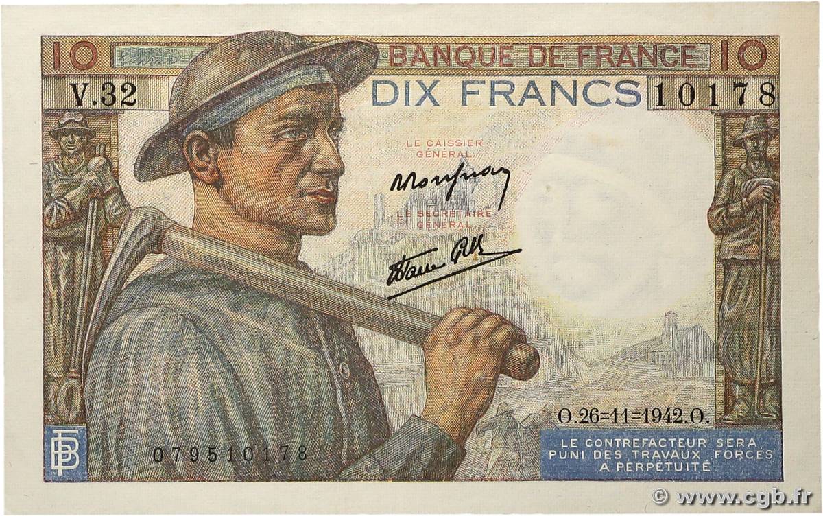 10 Francs MINEUR FRANCE  1942 F.08.06 SPL