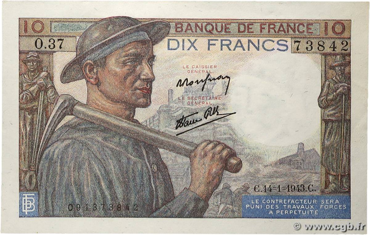 10 Francs MINEUR FRANCE  1943 F.08.07 SPL