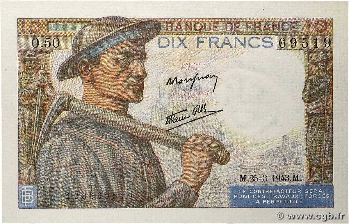 10 Francs MINEUR FRANCE  1943 F.08.08 pr.NEUF