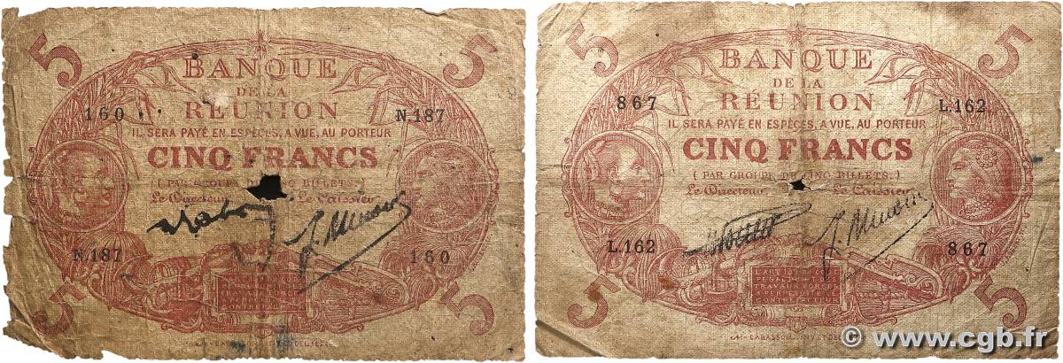 5 Francs Cabasson rouge Lot ÎLE DE LA RÉUNION  1938 P.14 B