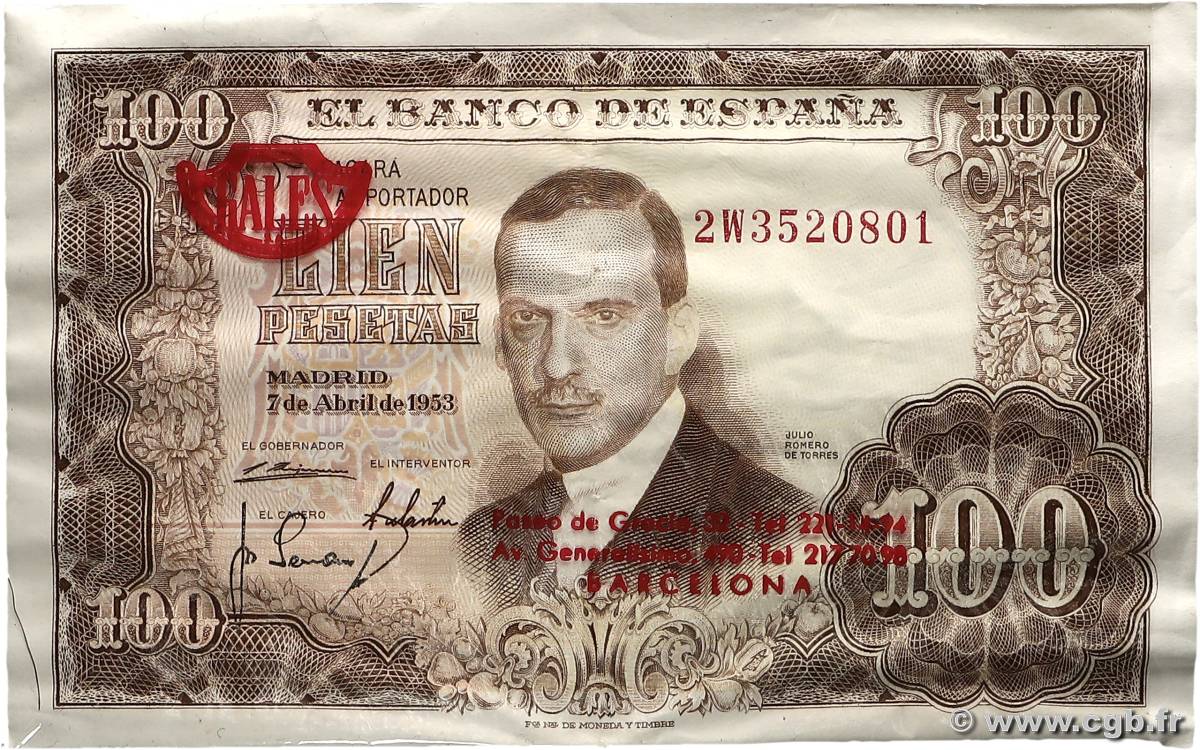 100 Pesetas Publicitaire ESPAGNE  1953 P.145 SUP+