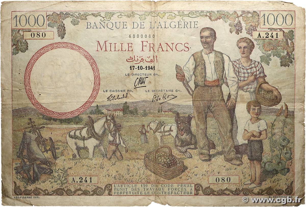 1000 Francs ALGÉRIE  1941 P.086 B+