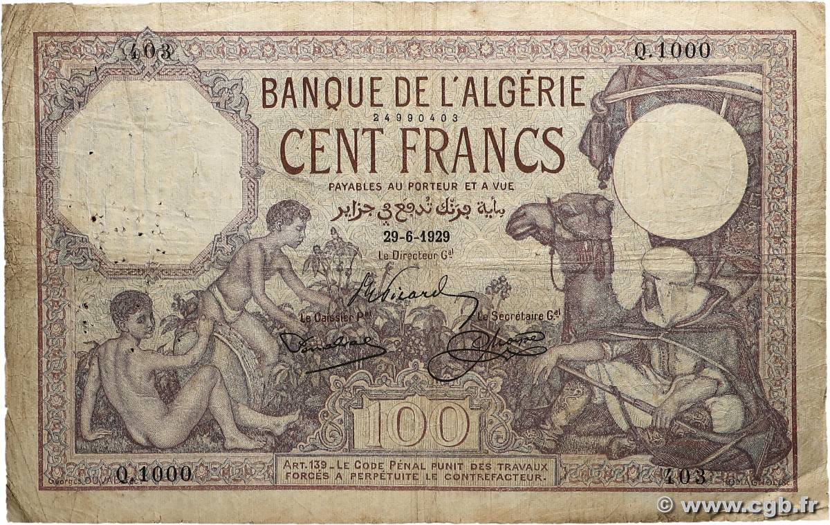 100 Francs ALGÉRIE  1929 P.081b B+