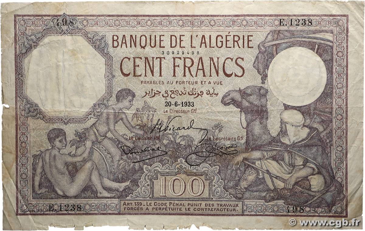 100 Francs ALGÉRIE  1933 P.081 B+