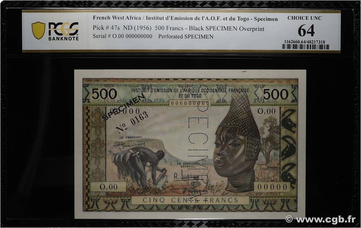 500 Francs Spécimen AFRIQUE OCCIDENTALE FRANÇAISE (1895-1958)  1957 P.47s pr.NEUF