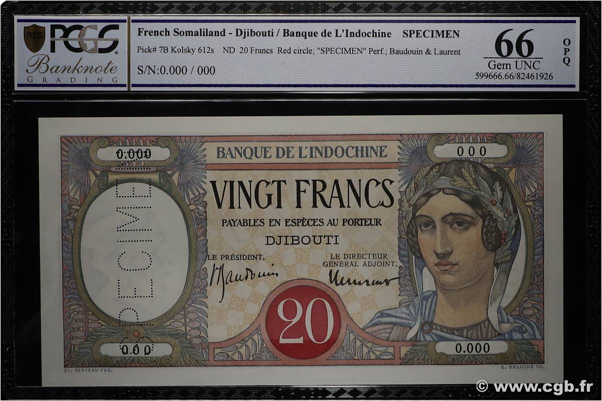 20 Francs Spécimen DJIBOUTI  1941 P.07Bs UNC