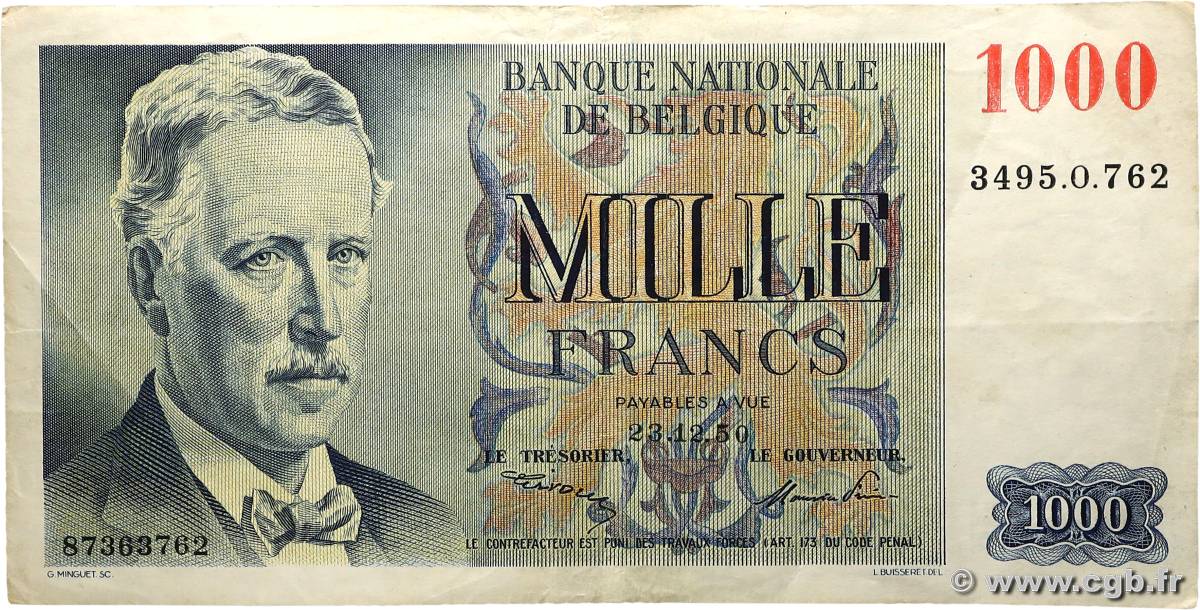 1000 Francs BELGIQUE  1950 P.131 TTB