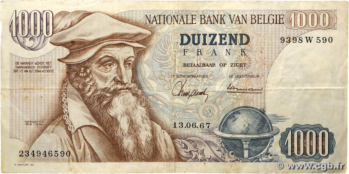 1000 Francs BELGIQUE  1967 P.136a TB+