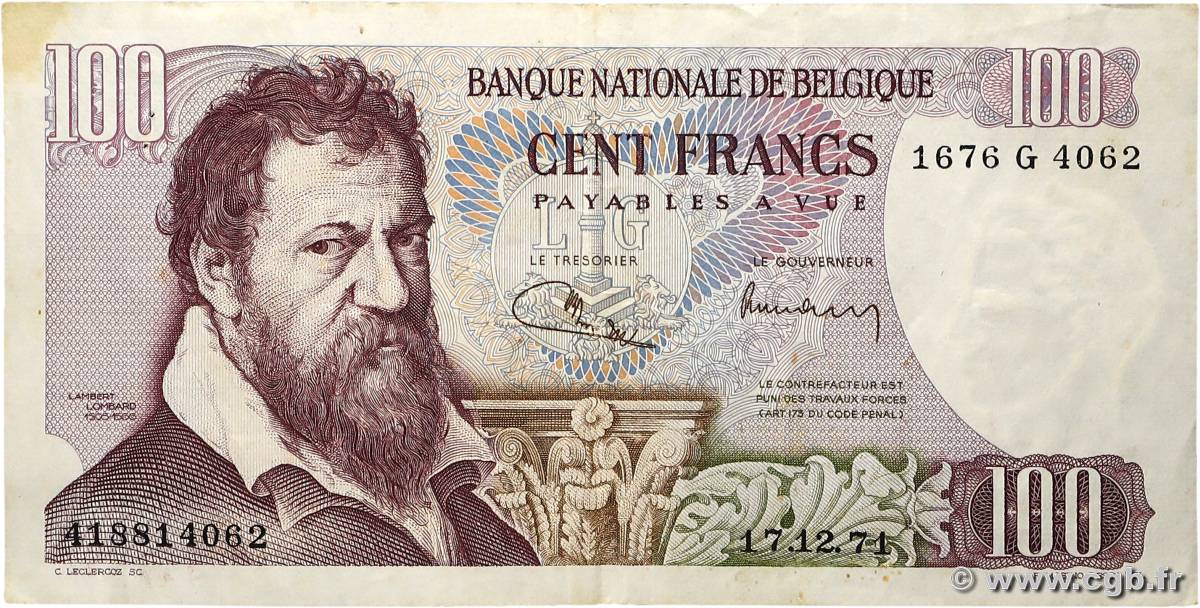 100 Francs BELGIQUE  1971 P.134b TTB+