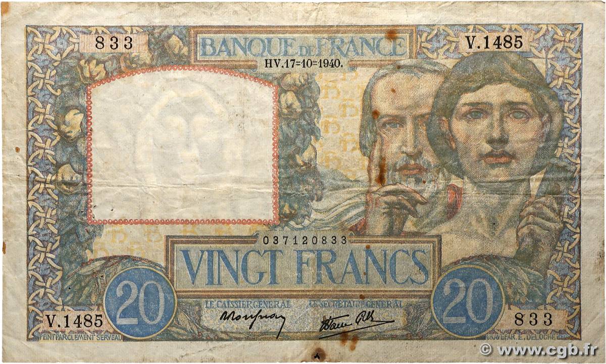 20 Francs TRAVAIL ET SCIENCE FRANCE  1940 F.12.09 TB