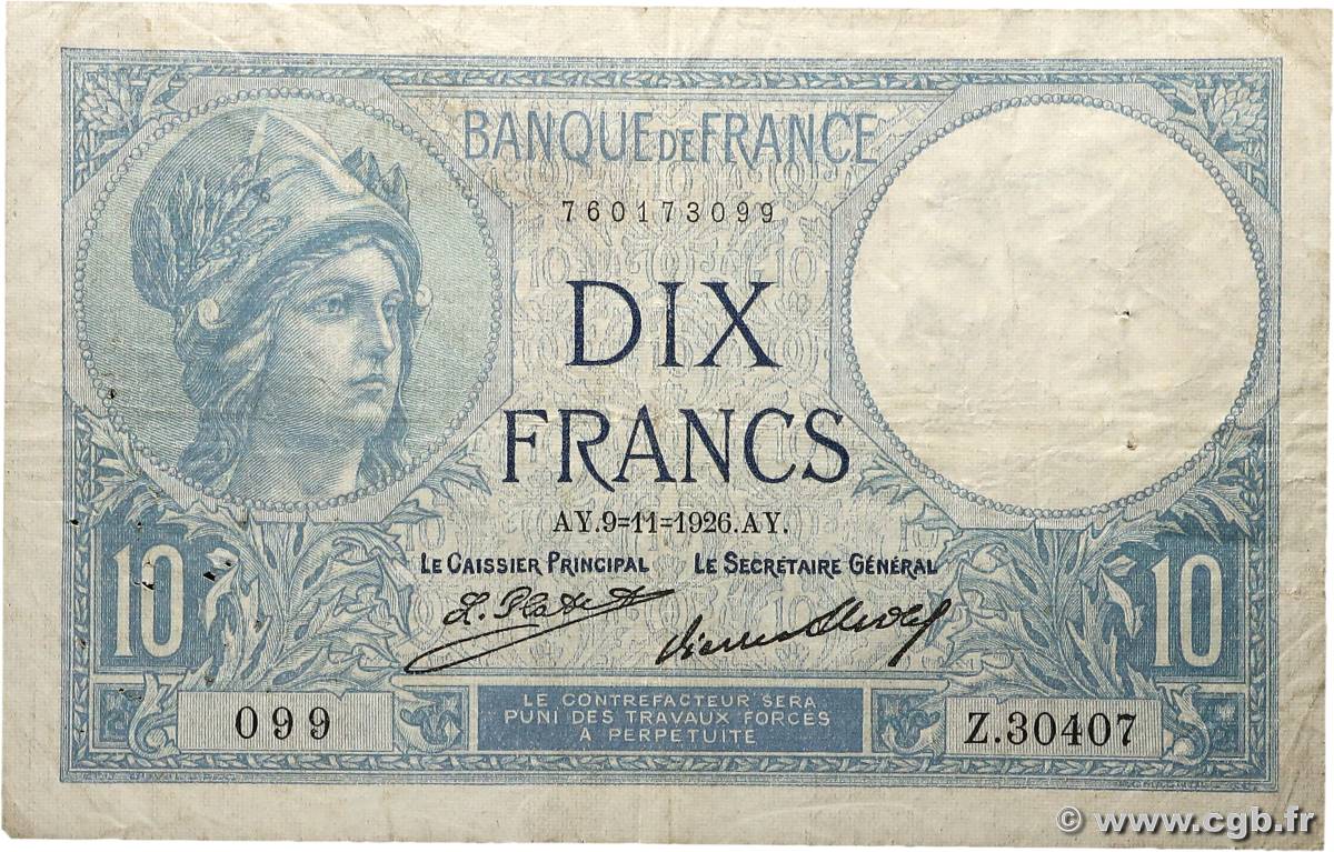 10 Francs MINERVE FRANCE  1926 F.06.11 TB