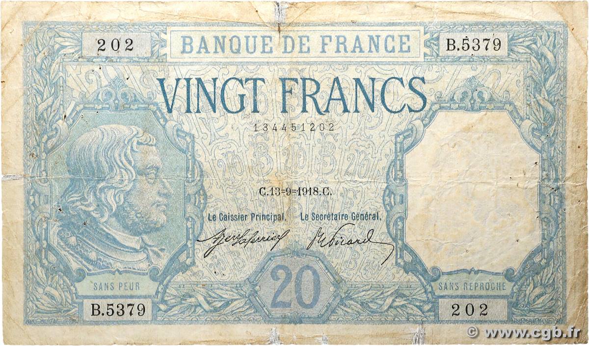 20 Francs BAYARD FRANCE  1918 F.11.03a B+