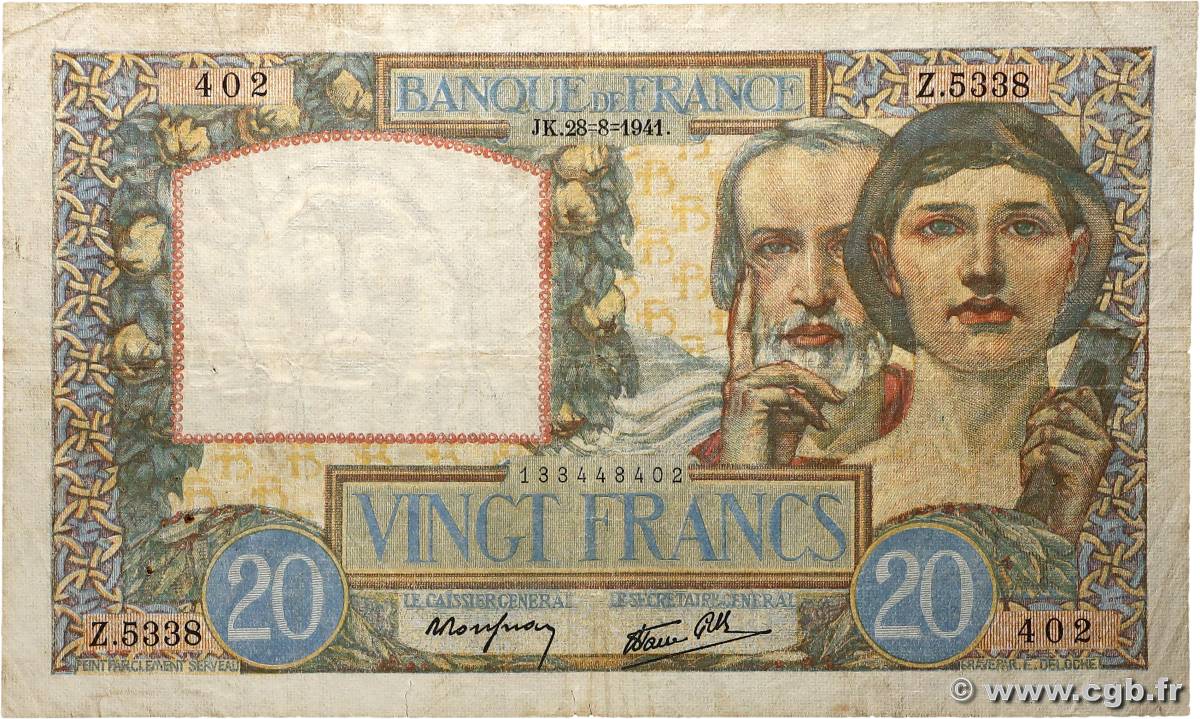 20 Francs TRAVAIL ET SCIENCE FRANCE  1941 F.12.17 TB
