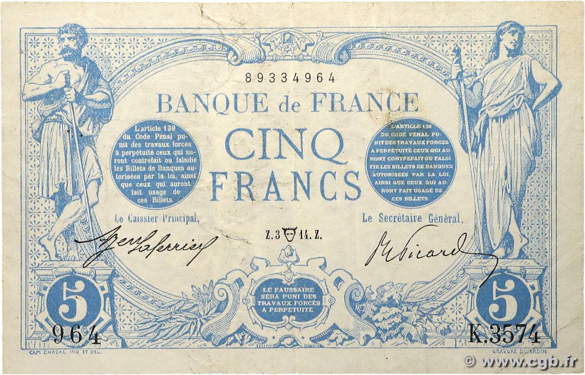 5 Francs BLEU FRANCE  1914 F.02.22 TB