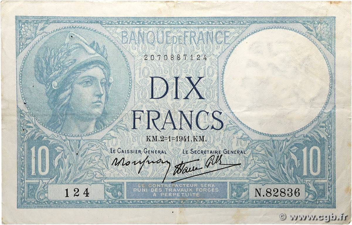 10 Francs MINERVE modifié FRANCE  1941 F.07.26 TTB