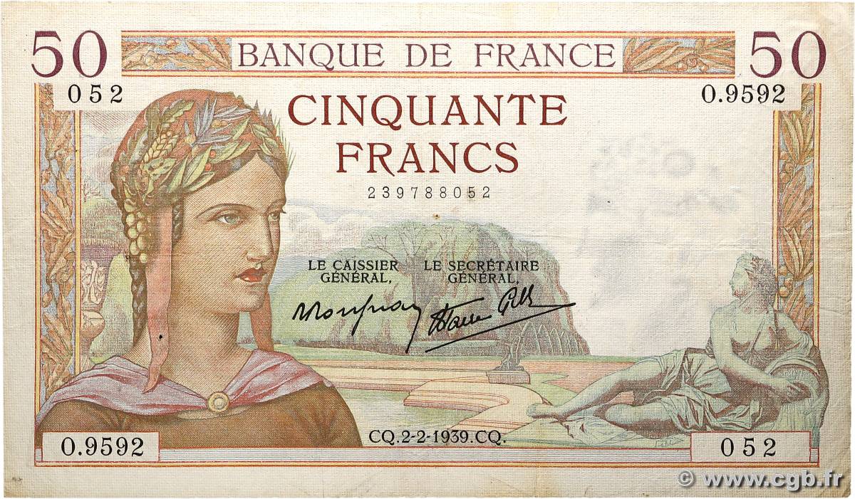 50 Francs CÉRÈS modifié FRANCE  1939 F.18.21 TB