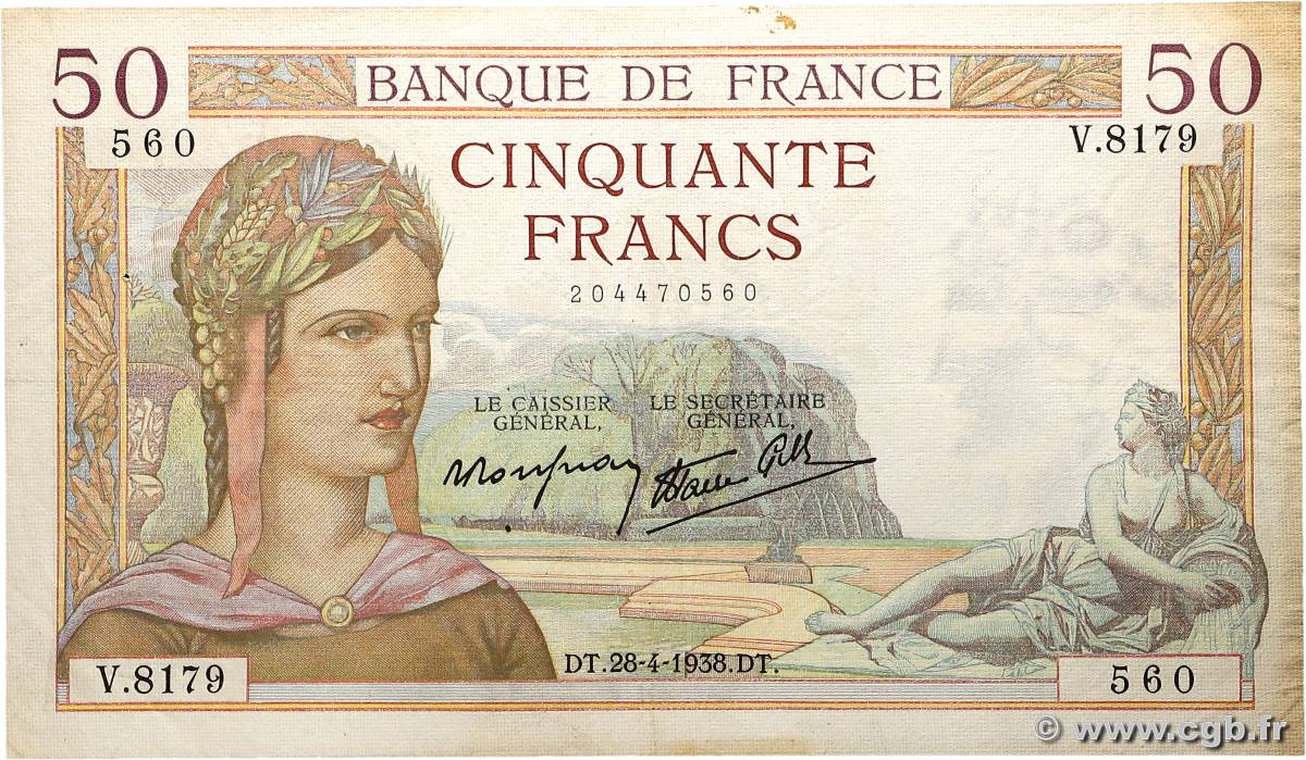 50 Francs CÉRÈS modifié FRANCE  1938 F.18.12 TB