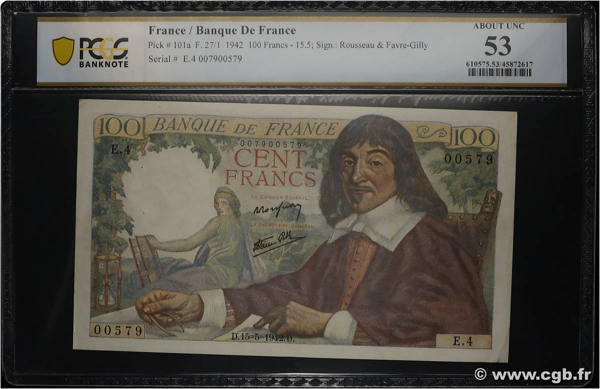 100 Francs DESCARTES FRANCE  1942 F.27.01 SUP+