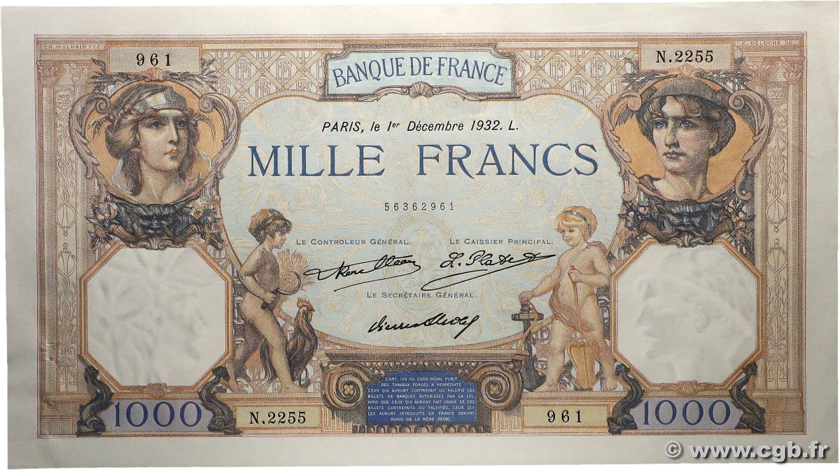 1000 Francs CÉRÈS ET MERCURE FRANCE  1932 F.37.07 pr.SPL