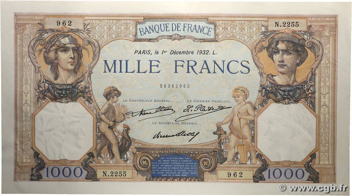 1000 Francs CÉRÈS ET MERCURE FRANCE  1932 F.37.07 pr.SPL
