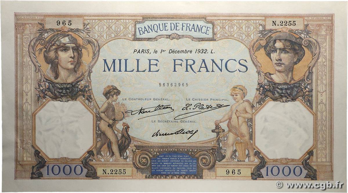 1000 Francs CÉRÈS ET MERCURE FRANCE  1932 F.37.07 pr.SPL